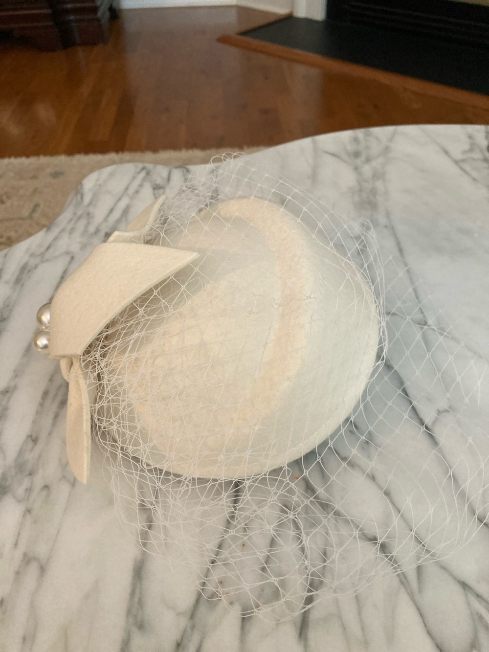 Ivory Veil Accent Pillbox Hat with Pearl Detail